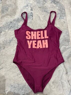 California Waves Berry One-Piece Swimsuit with Coral Lettering